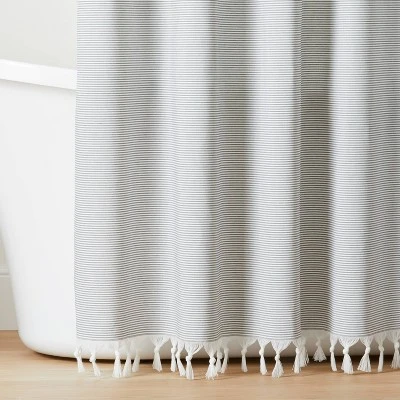 Ticking Stripe Woven Shower Curtain Gray/Cream - Hearth & Hand™ With Magnolia 3 Ticking Stripe Woven Shower Curtain Gray/Cream - Hearth & Hand™ With Magnolia