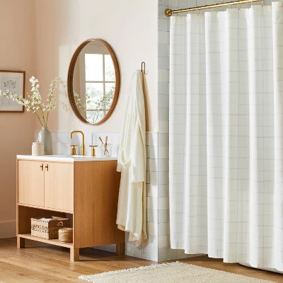 Stitched Grid Lines Woven Shower Curtain Cream/Taupe - Hearth & Hand™ With Magnolia 4 Stitched Grid Lines Woven Shower Curtain Cream/Taupe - Hearth & Hand™ With Magnolia - Image 2