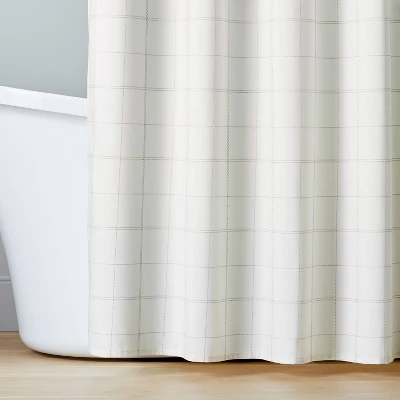Stitched Grid Lines Woven Shower Curtain Cream/Taupe - Hearth & Hand™ With Magnolia 3 Stitched Grid Lines Woven Shower Curtain Cream/Taupe - Hearth & Hand™ With Magnolia